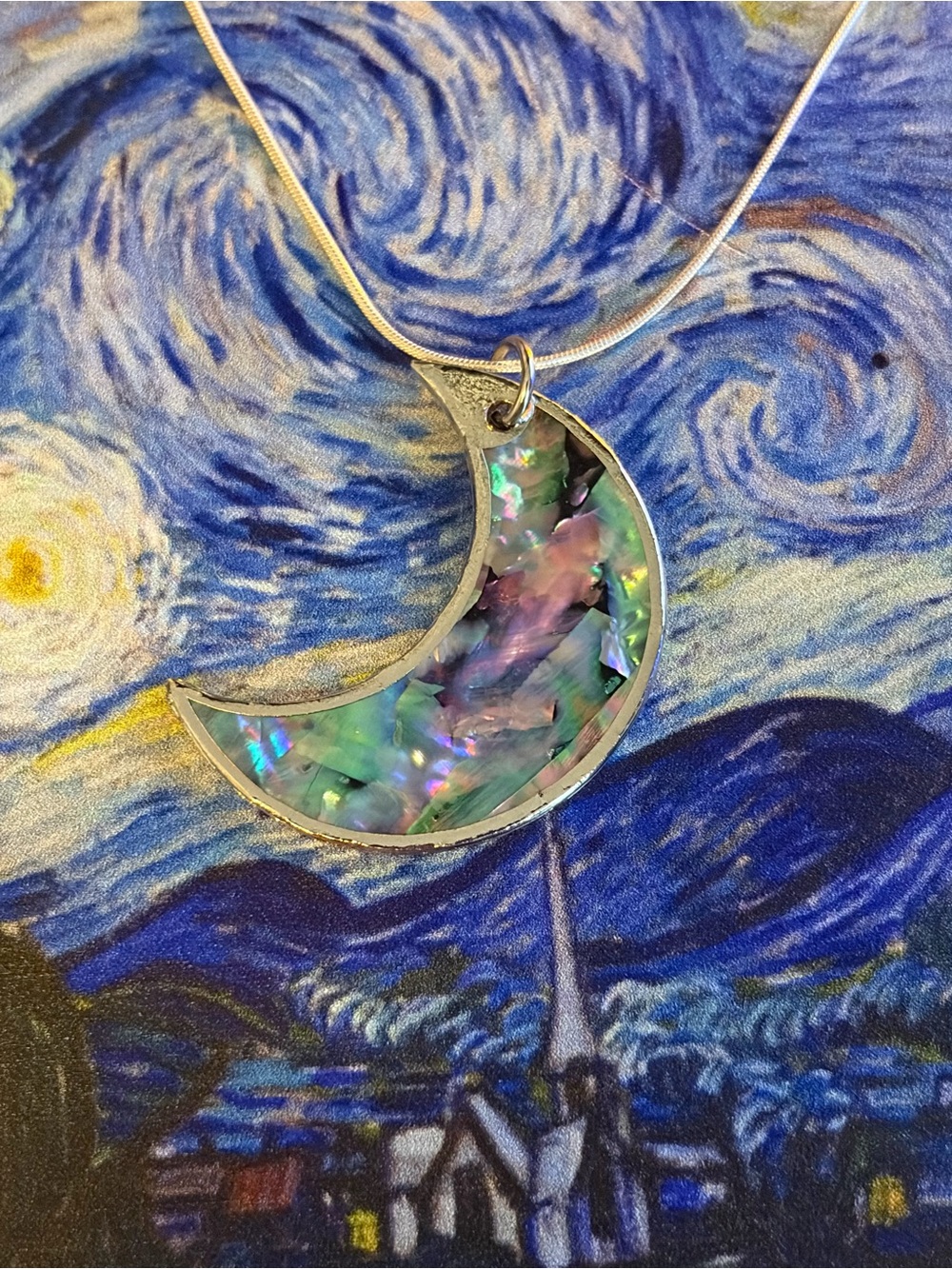 Crescent Moon Abalone Pendant Necklace in Iridescent Green